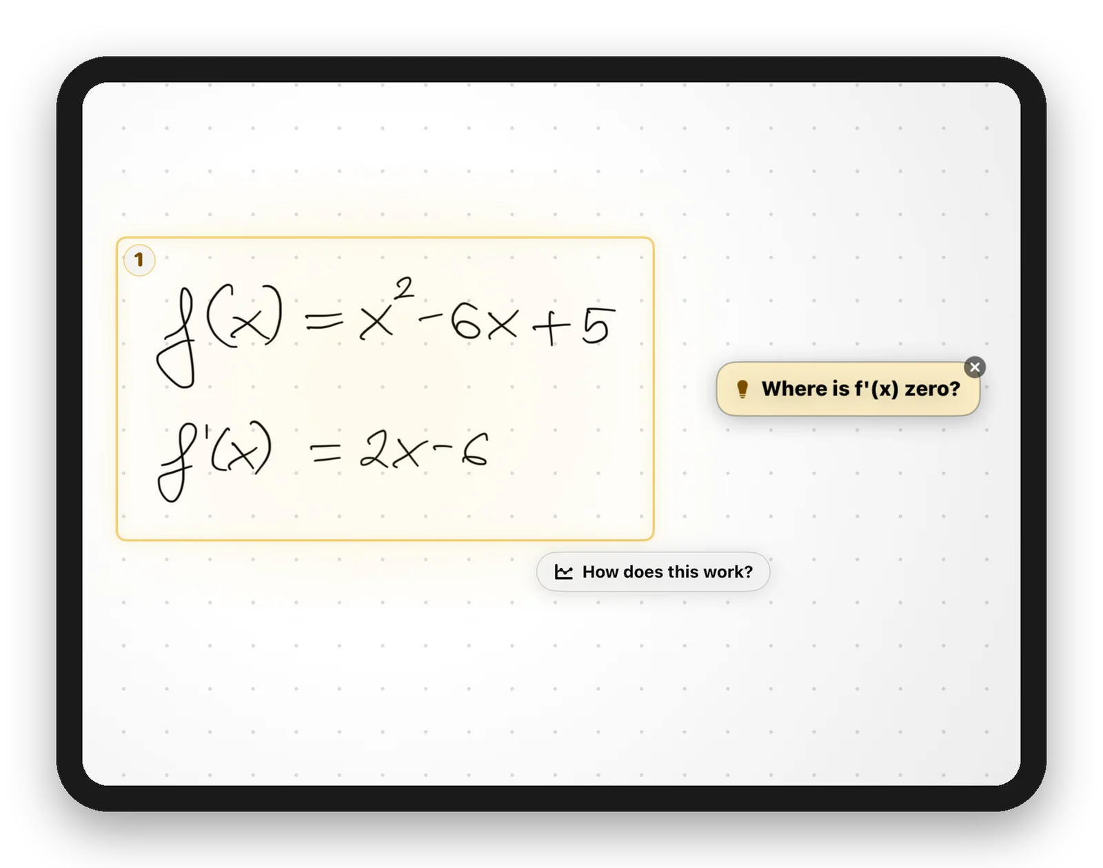 Klera on an iPad: a student's handwritten f(x) = x squared minus 6x plus 5 and its derivative, with Klera's hint asking where f prime of x is zero