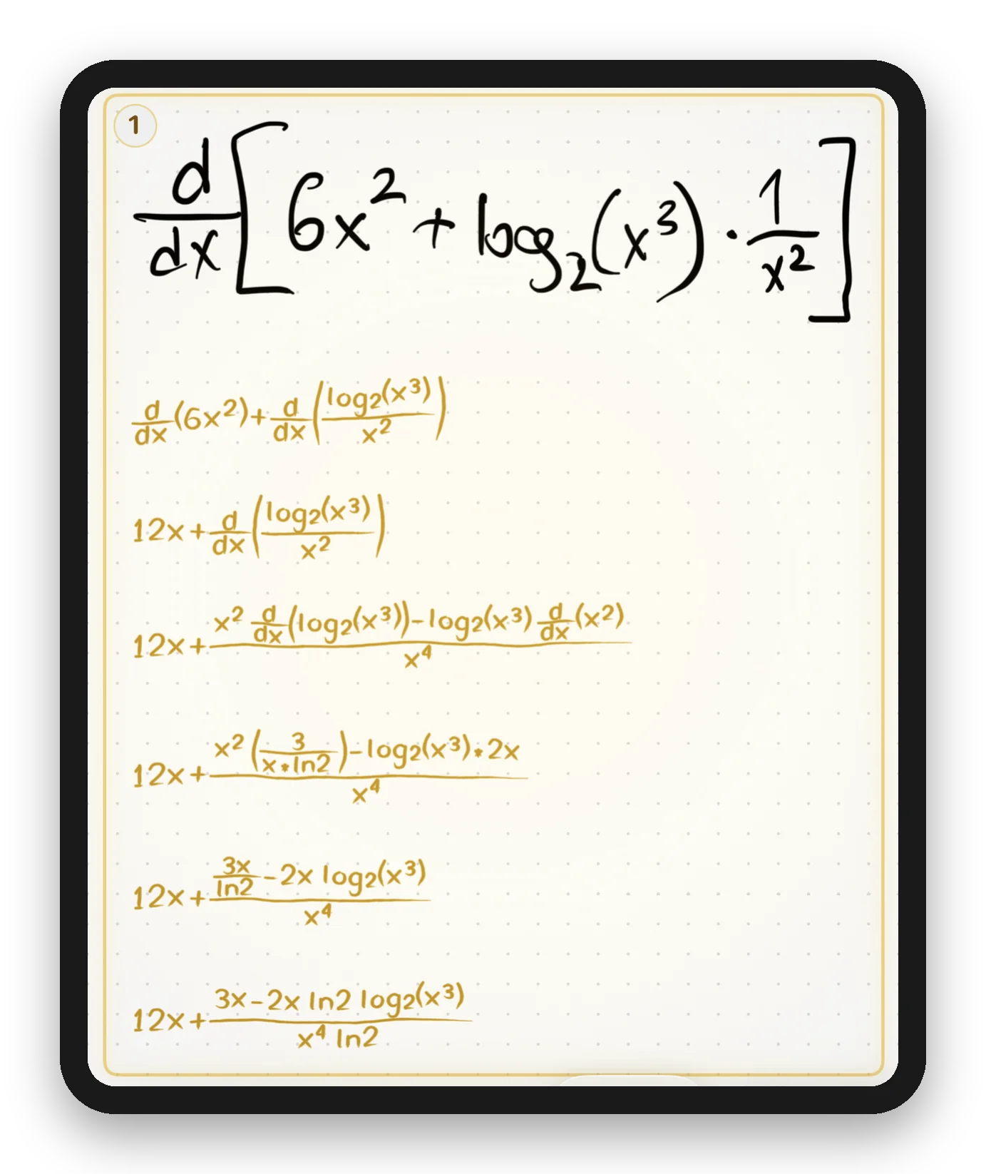 Portrait iPad showing a seven step handwritten solution of a derivative, written by Klera in gold handwriting