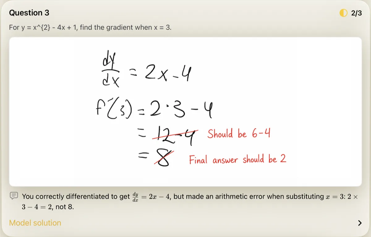 Graded exam question in Klera: the student differentiated correctly but wrote 12 minus 4 equals 8; Klera crossed out both lines in red and wrote should be 6 minus 4 and final answer should be 2