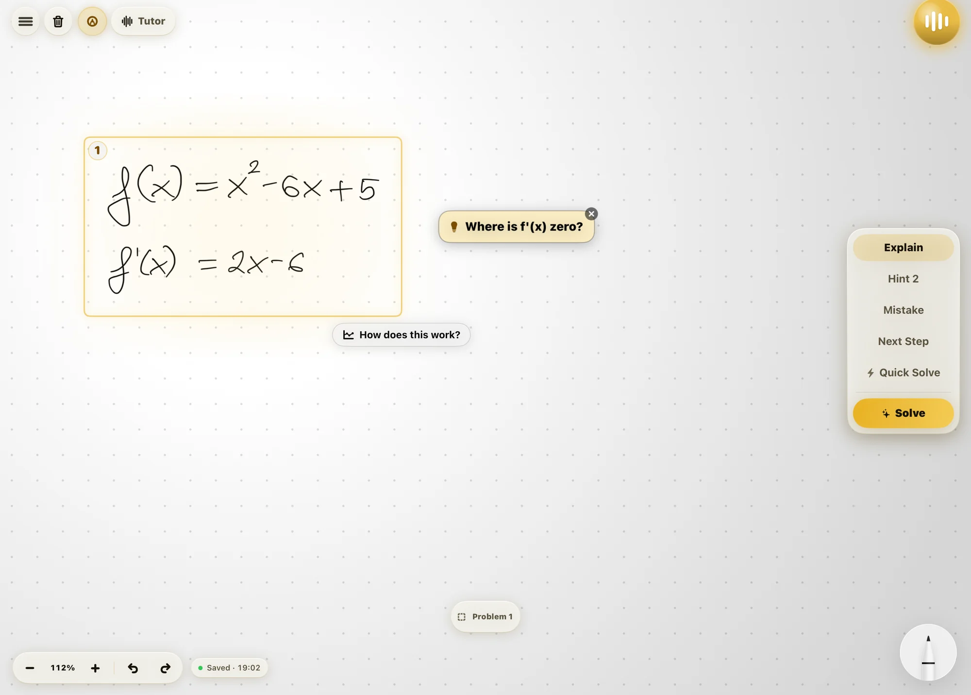 Klera board with a handwritten f(x) = x squared minus 6x plus 5 and its derivative, a hint bubble asking where f prime of x is zero, and the help menu: Explain, Hint 2, Mistake, Next Step, Quick Solve, Solve