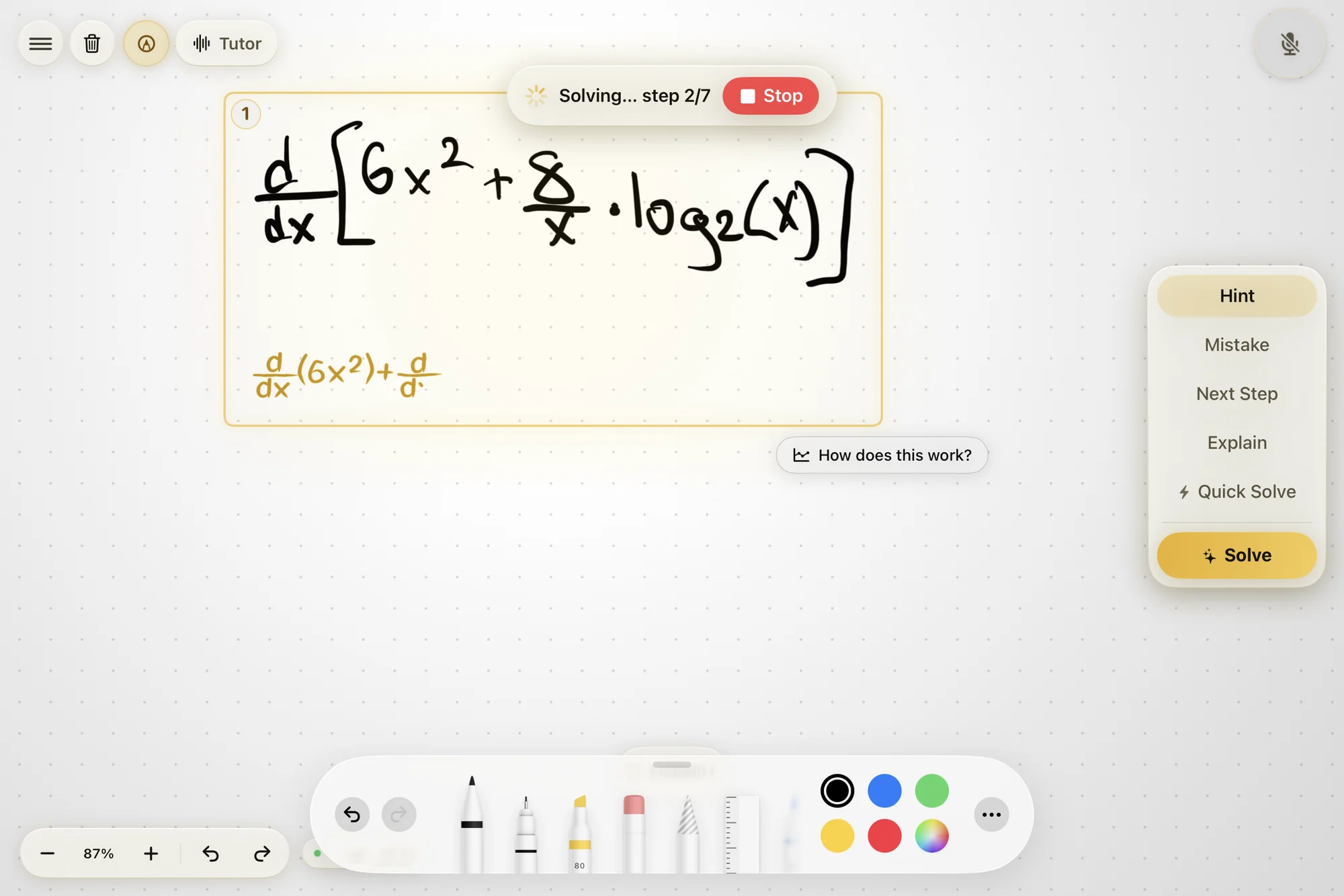 Klera's handwritten solution of a derivative, after the second step