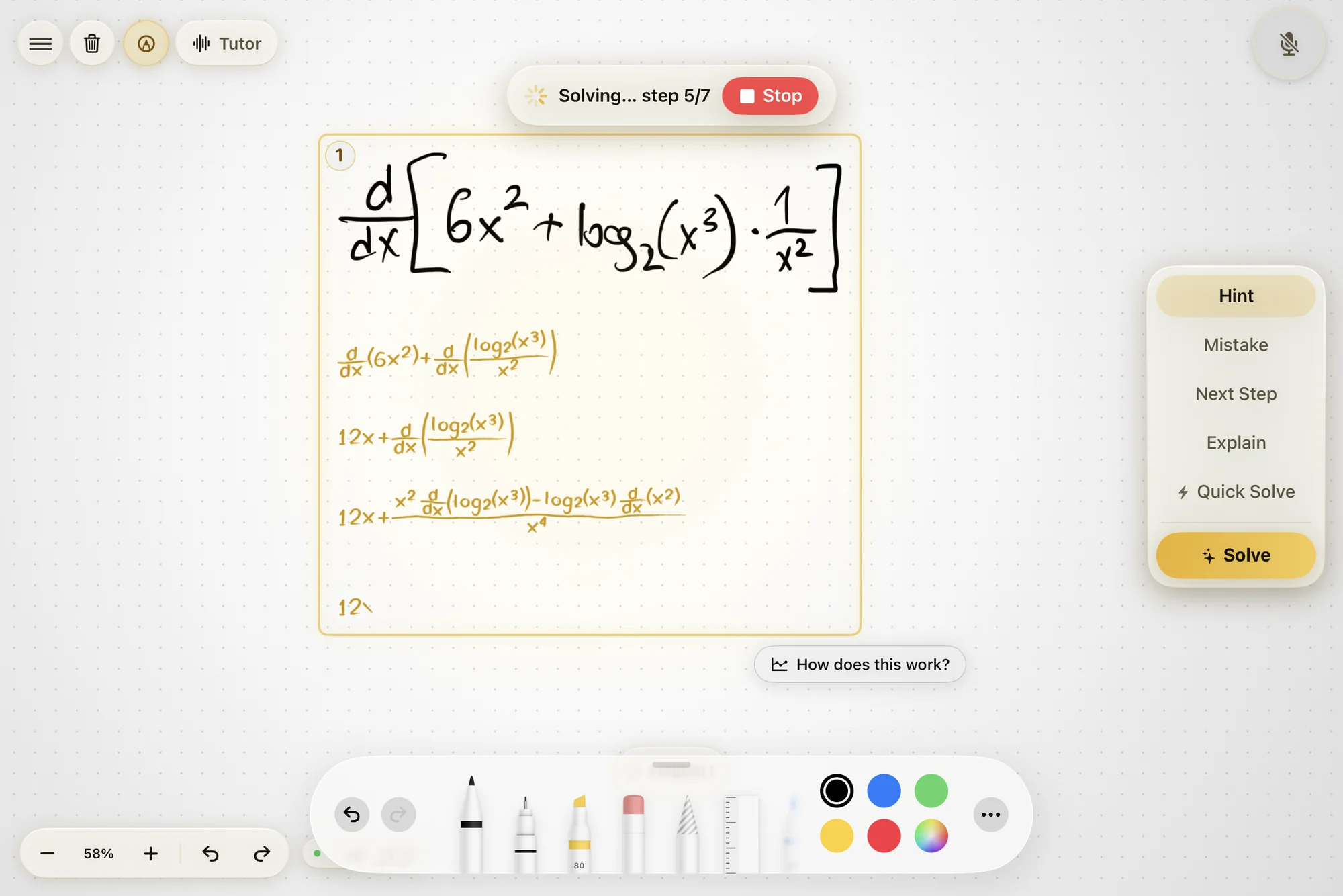 Klera's handwritten solution of a derivative, after the fifth step