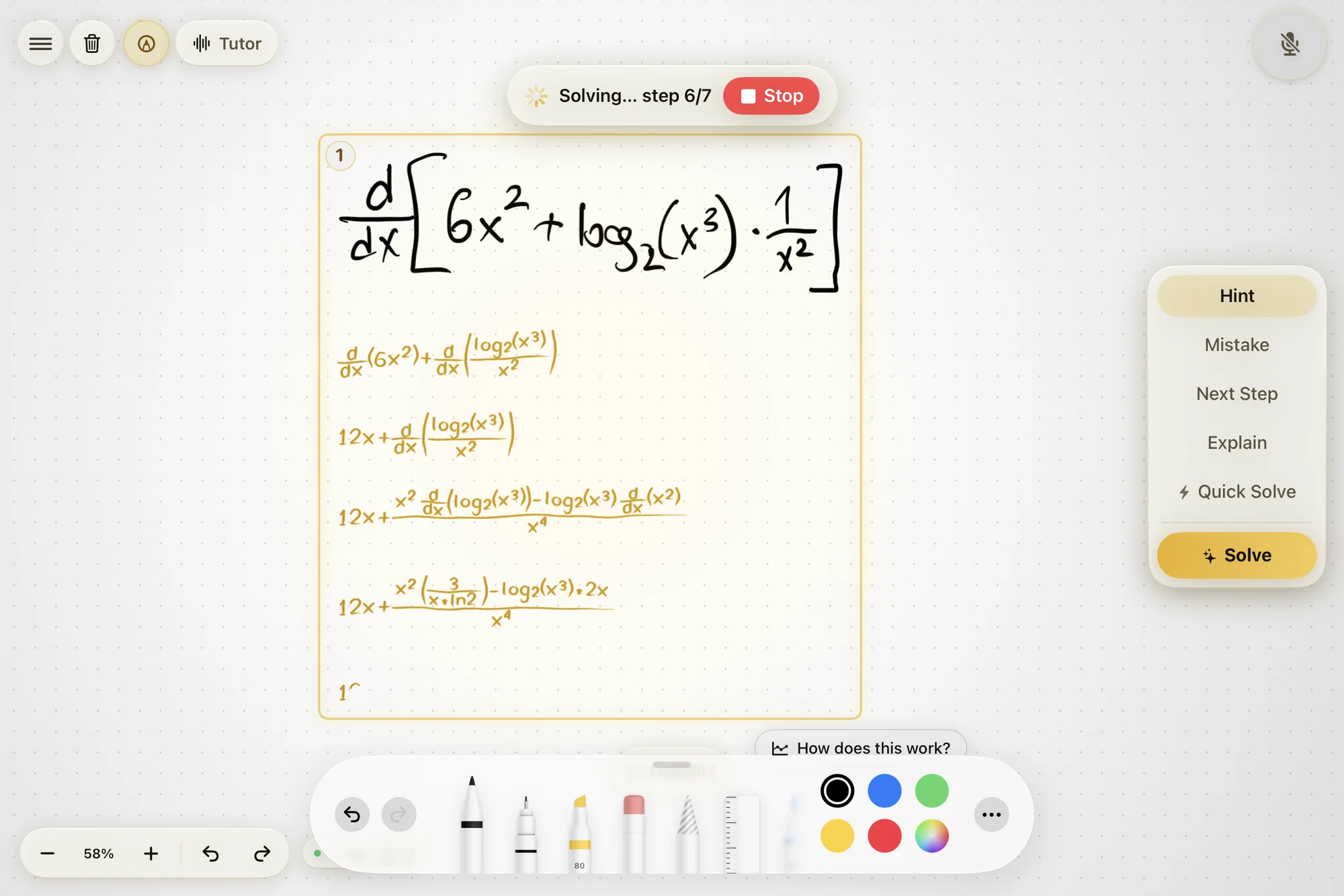 Klera's handwritten solution of a derivative, after the sixth step