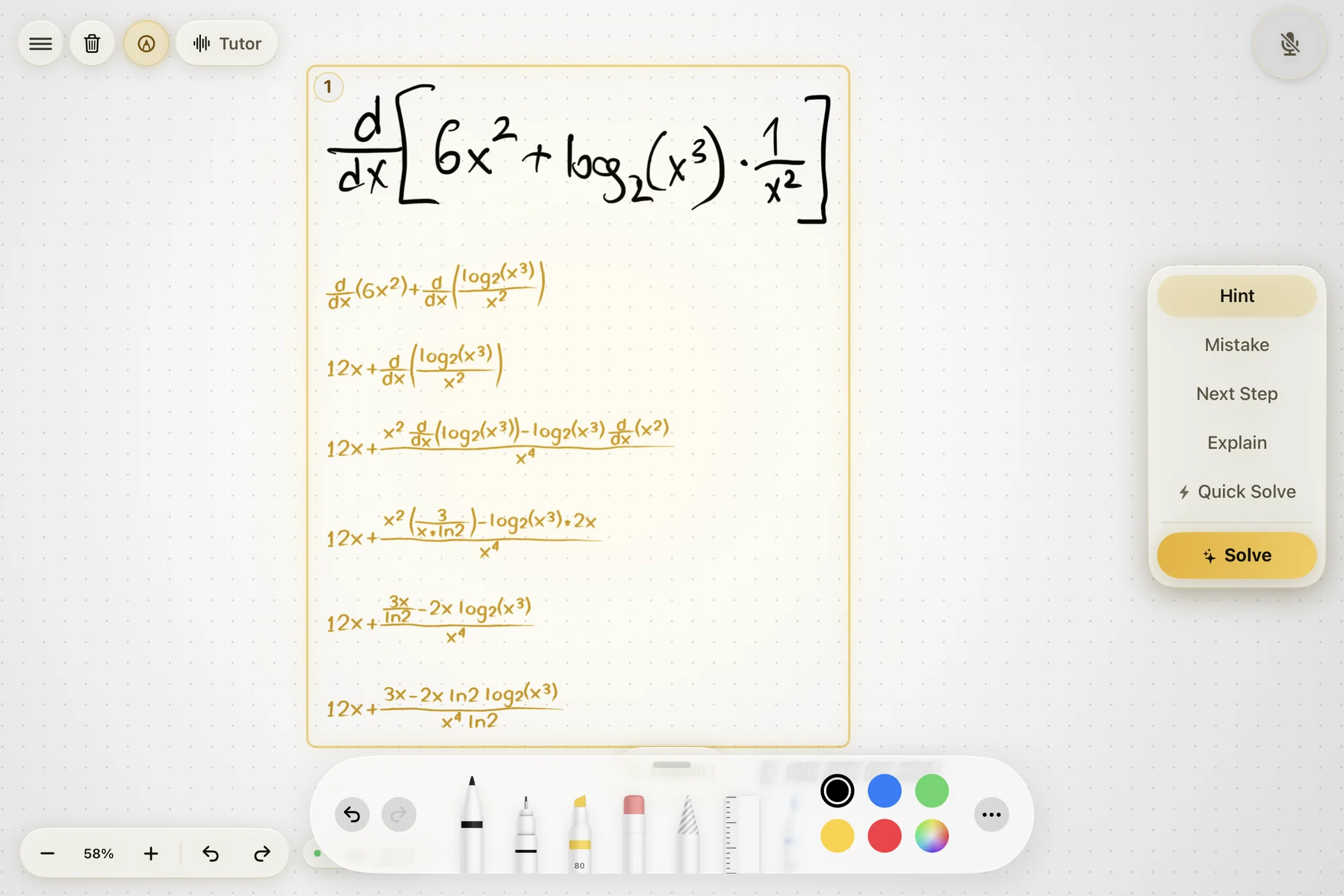 Klera's handwritten solution of a derivative, finished in seven steps